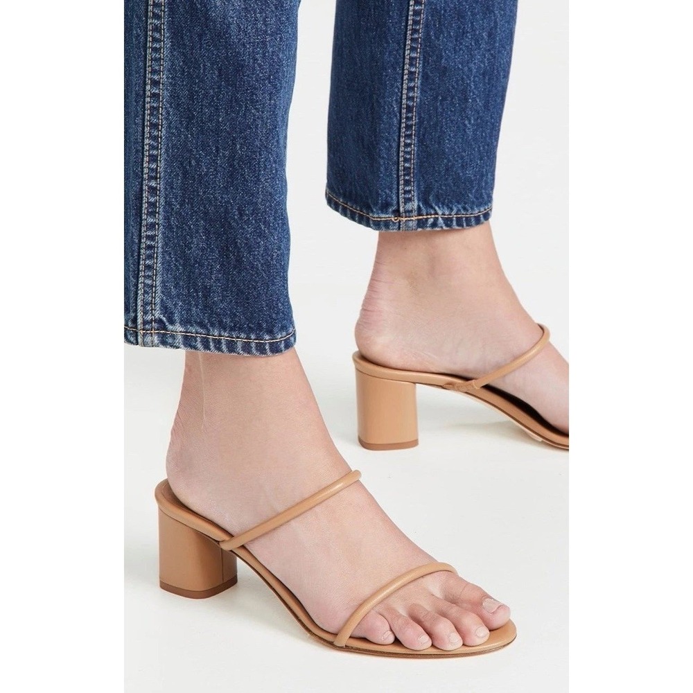 Aeyde Anni Tan Italian Leather Block Heel Minimalist Two Strap Sandals US 5